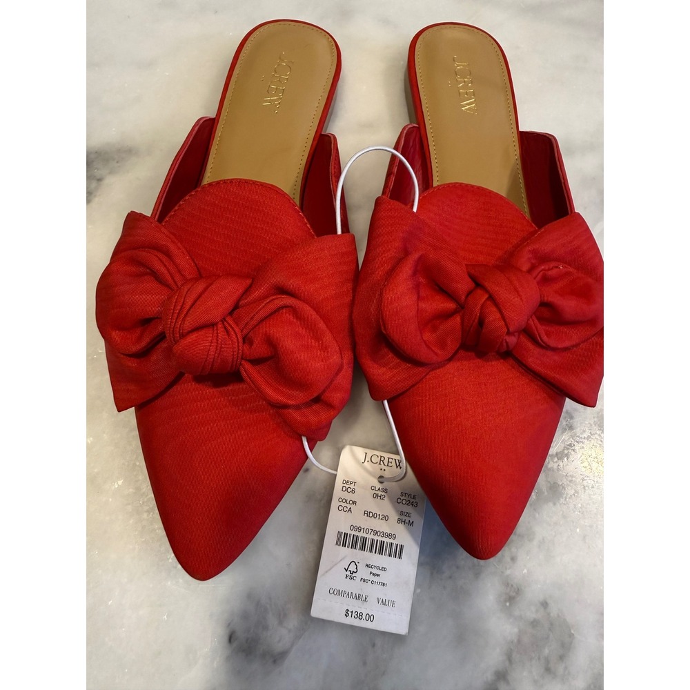 J.Crew Mule Flats Women‎ 8.5 Red Oversized Bow Pointed Toe Ribbed CO243 NWT